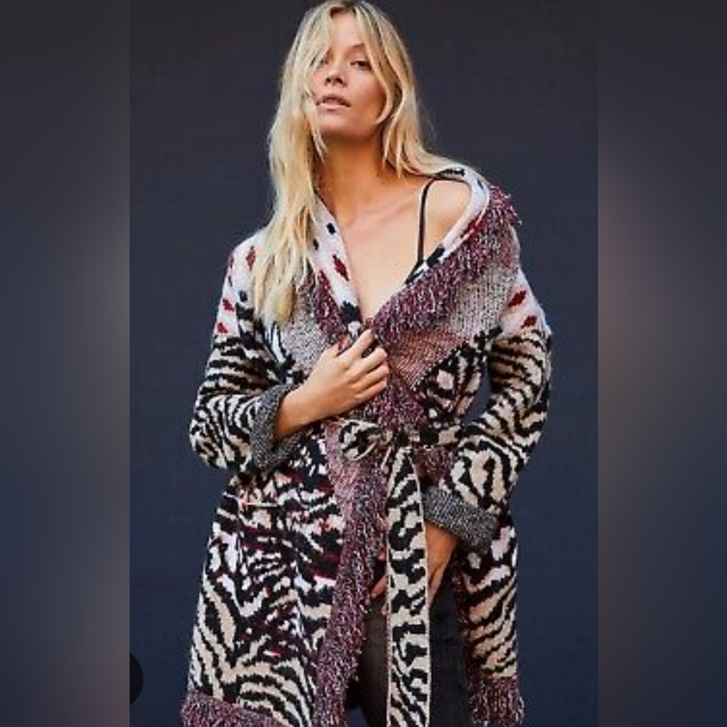 Anthropologie Fringe Animal Print Paloma Sweater